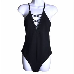 Express Bodysuit Black Lace-Up Thong Size M